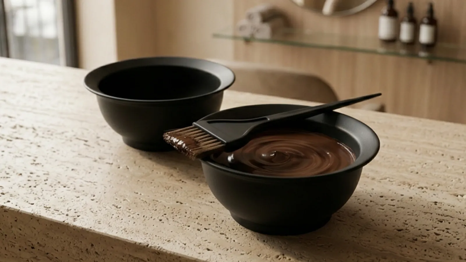 Two black colour bowls, one with rich brown colour and a brush, on a travertine counter