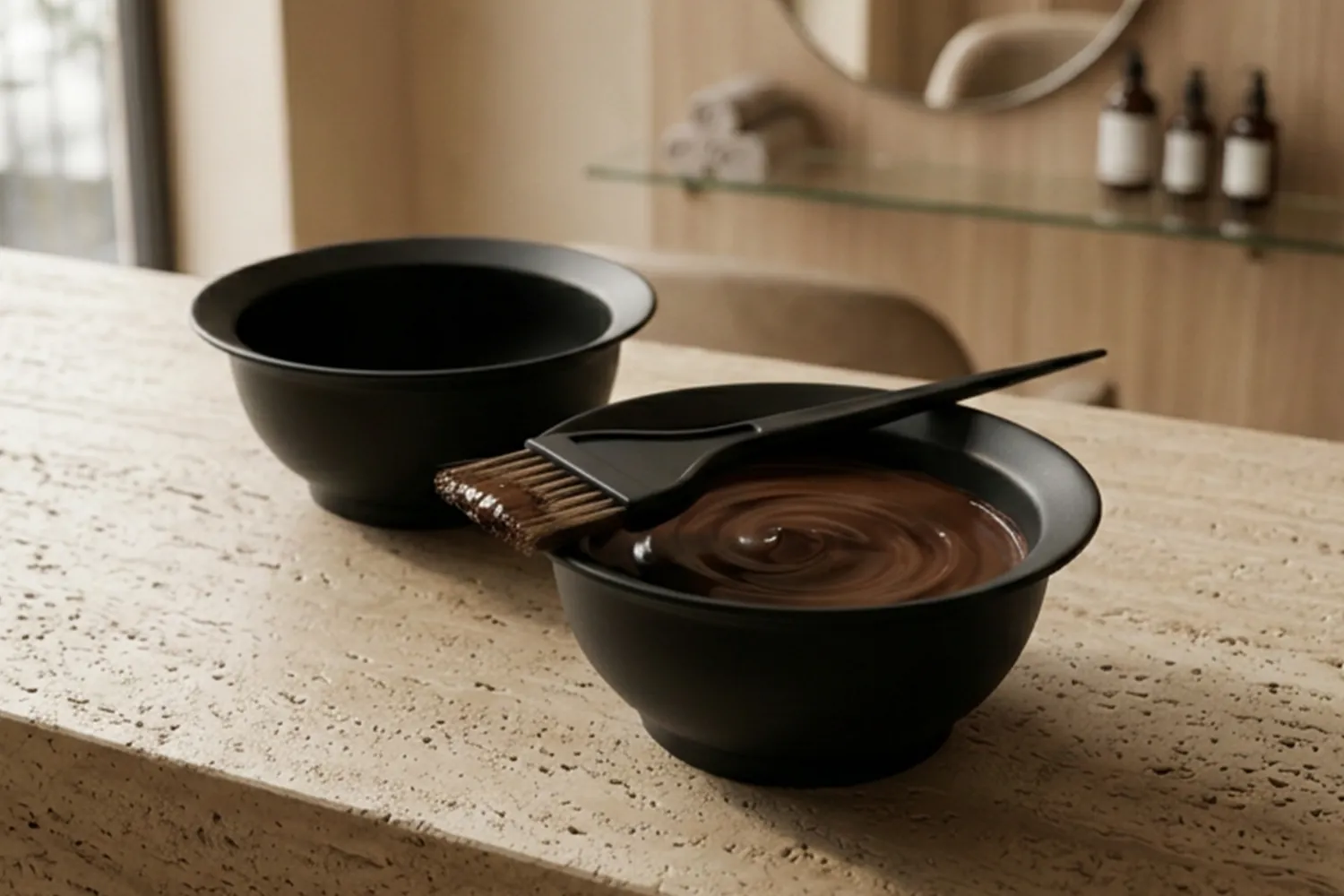 Two black colour bowls, one with rich brown colour and a brush, on a travertine counter